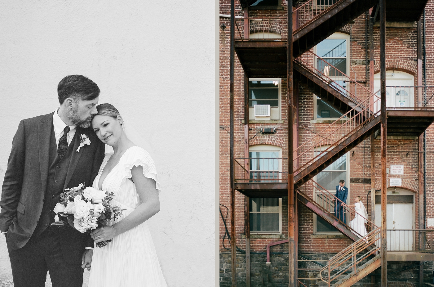 A bride and groom descend a fire escape on the side of a brick building