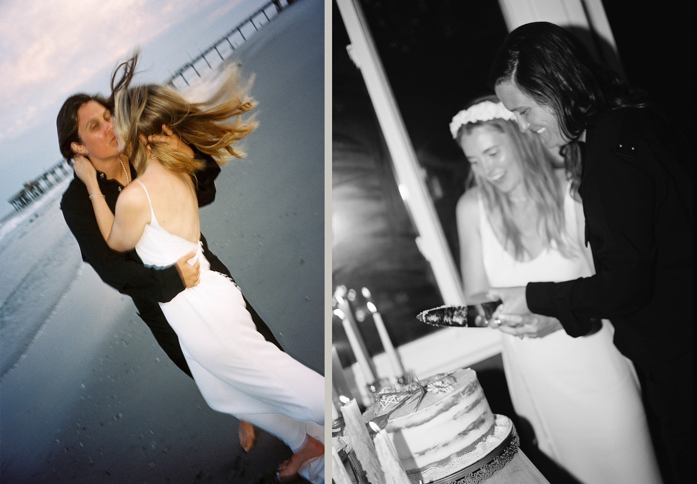 A black and white film photo of two brides cutting their wedding cake