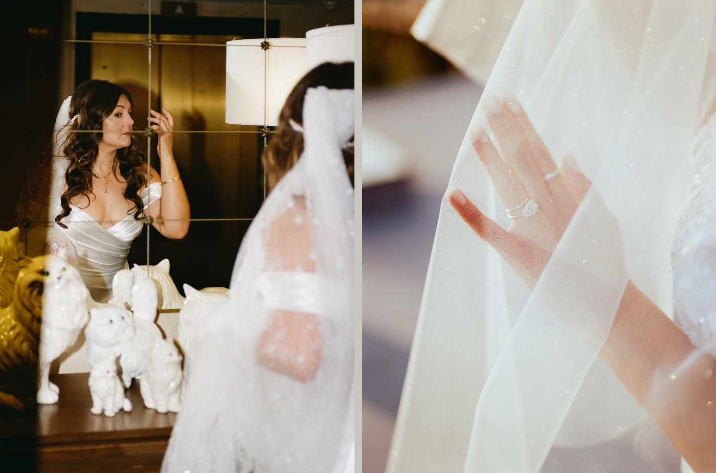 A bride fixes her makeup in the mirror before her wedding ceremony at The Ritz Carlton