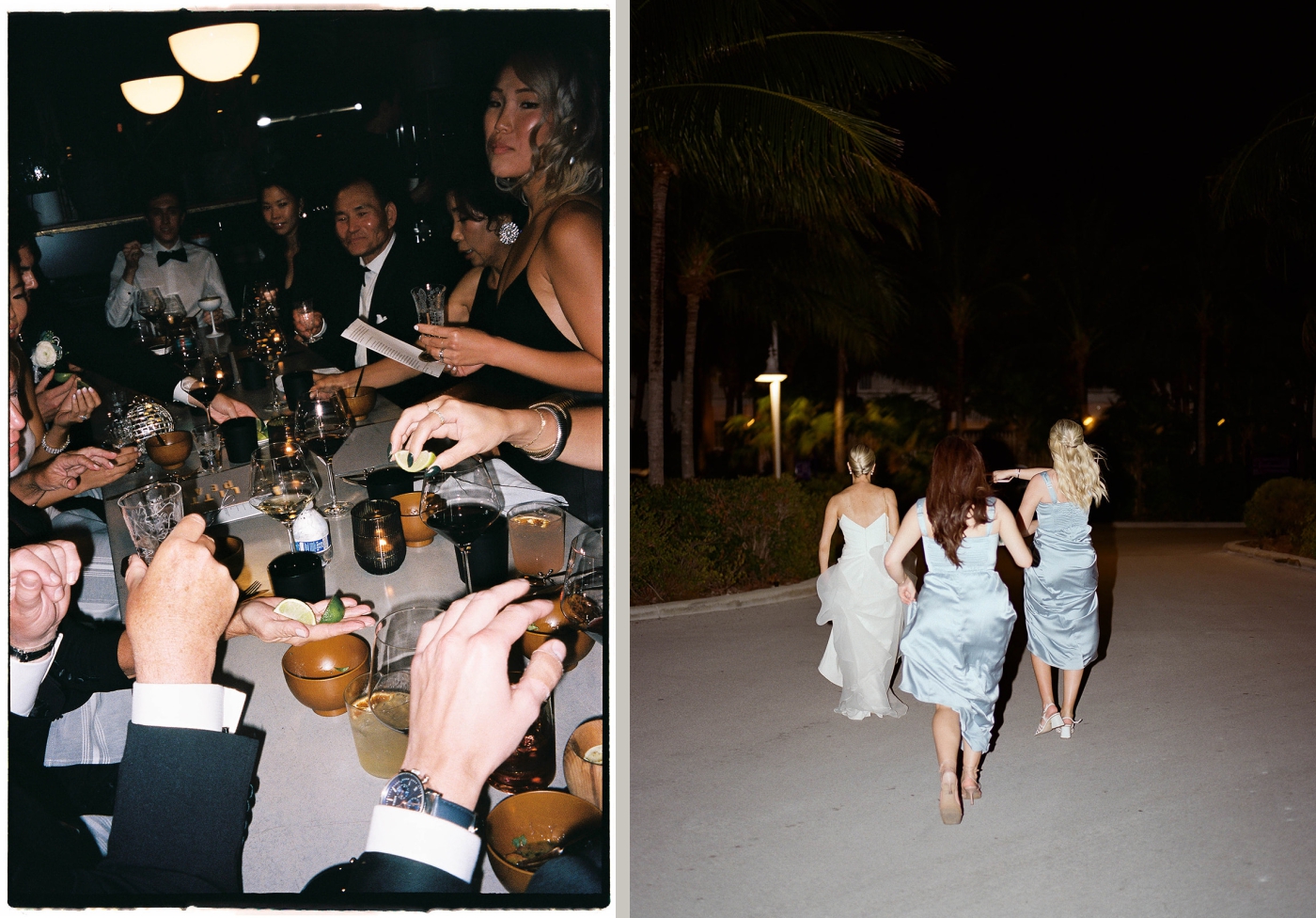 A bride and two of her bridesmaids run down the beach after a wedding