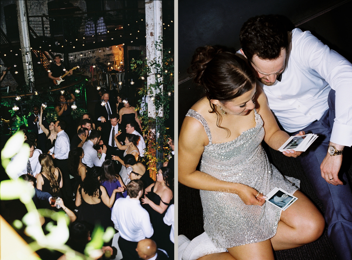 A bride in a sparkly after party dress looks through polaroid photos
