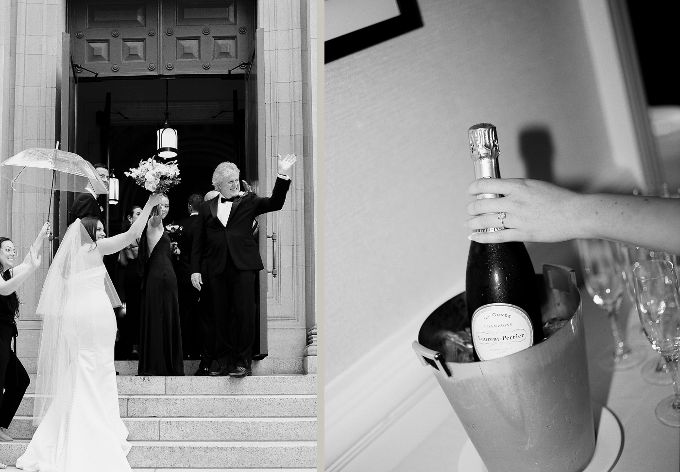 A bride grabs a bottle of champagne from a bucket of ice
