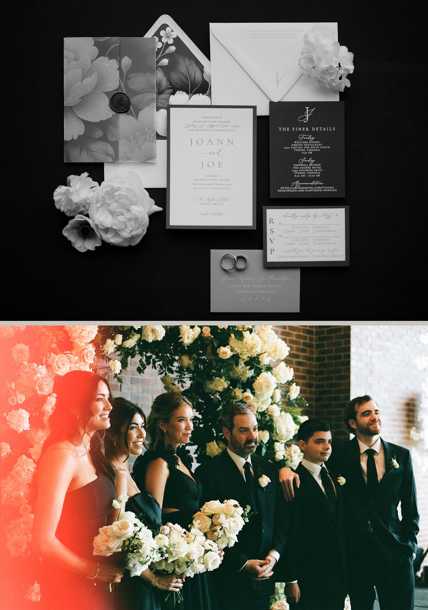 A black and white film photo of an invitation flat lay 