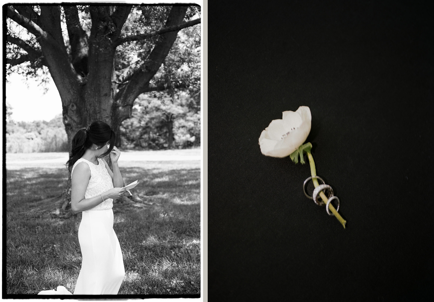A bride wipes a tear while reading a note from the groom