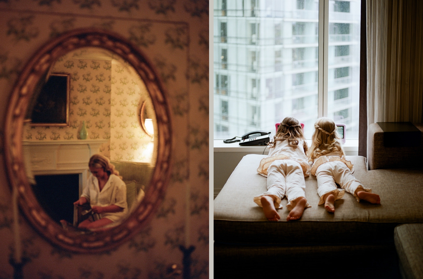 Two flower girls lie on their stomachs looking out the window 