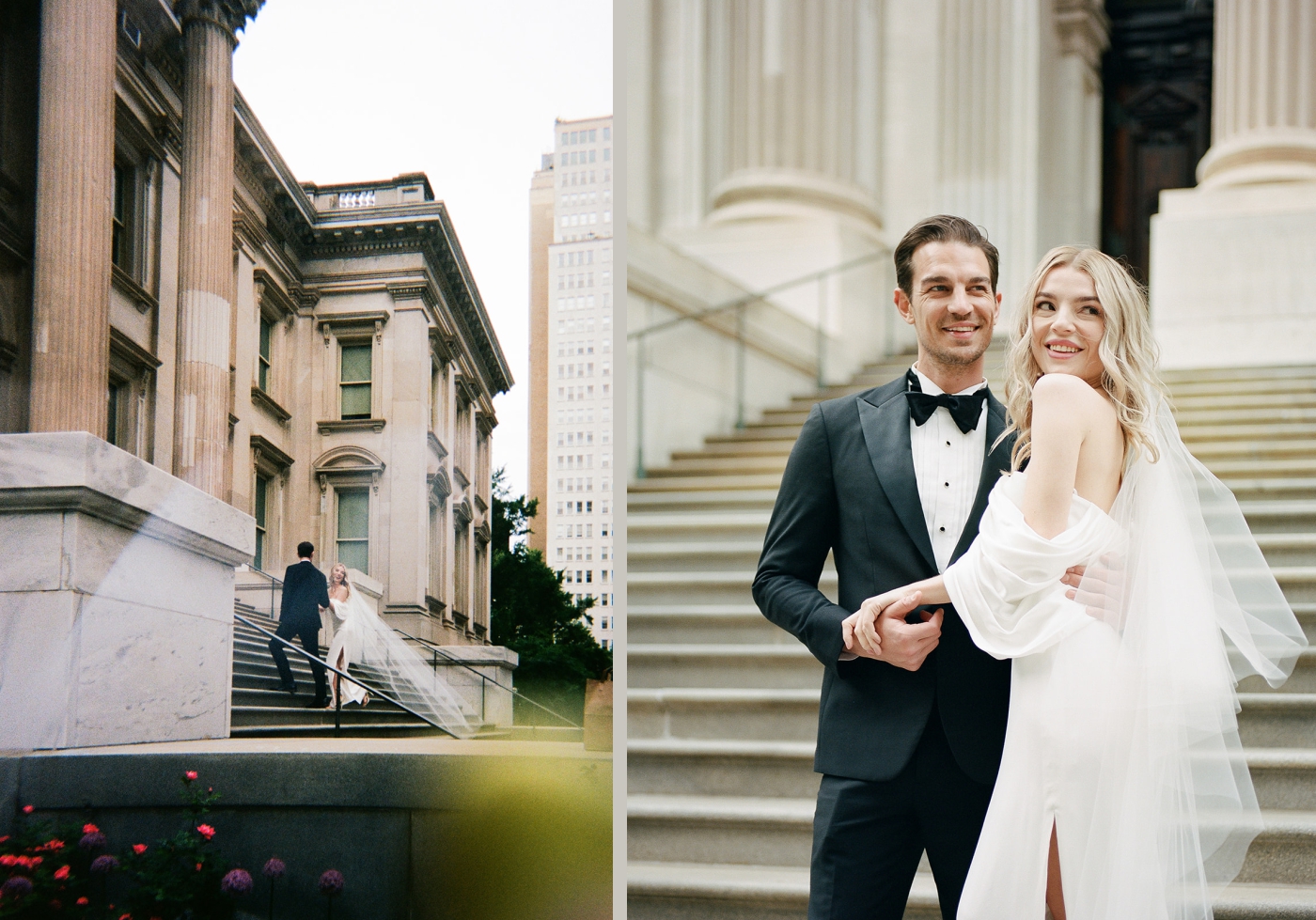 Bride and groom portraits in New York outside of City Hall