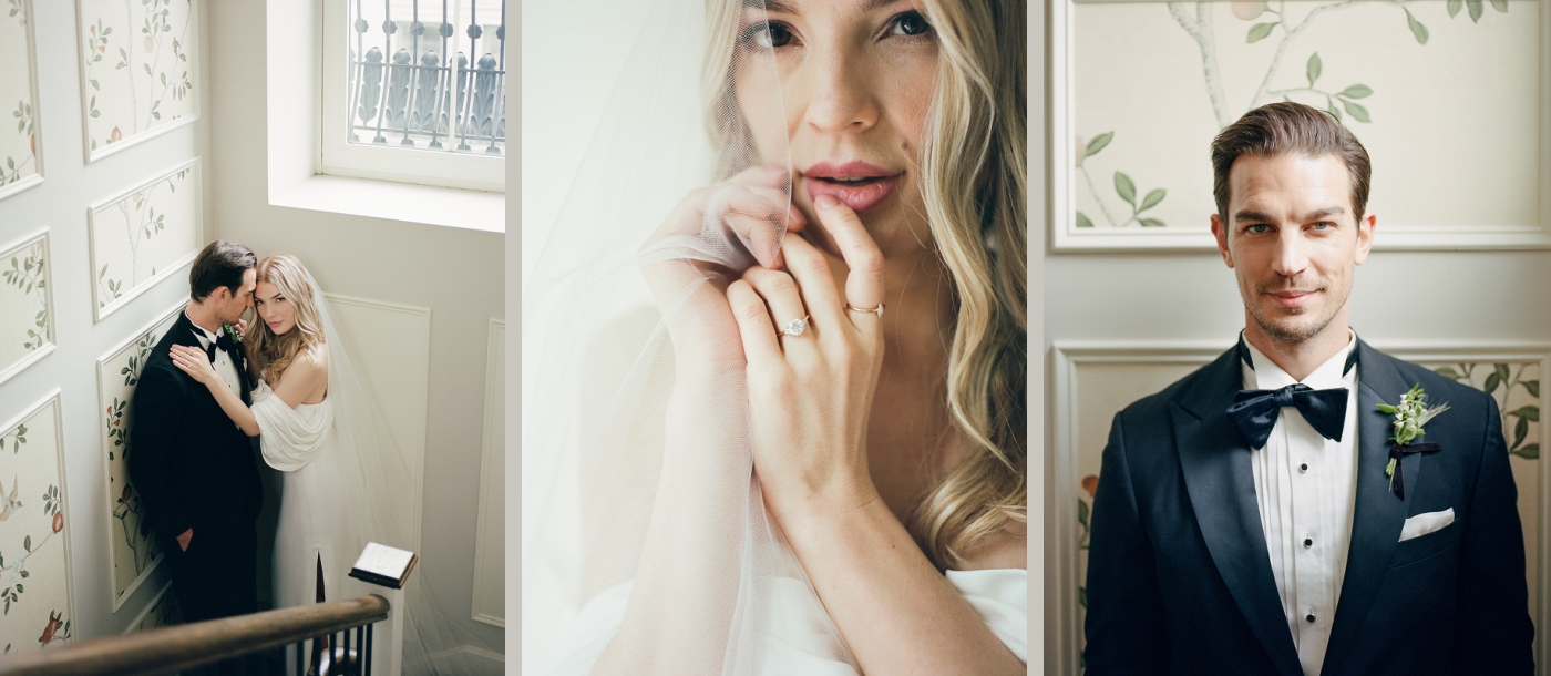 Bride and groom portraits at the Plaza Hotel with botanical wallpaper in the background