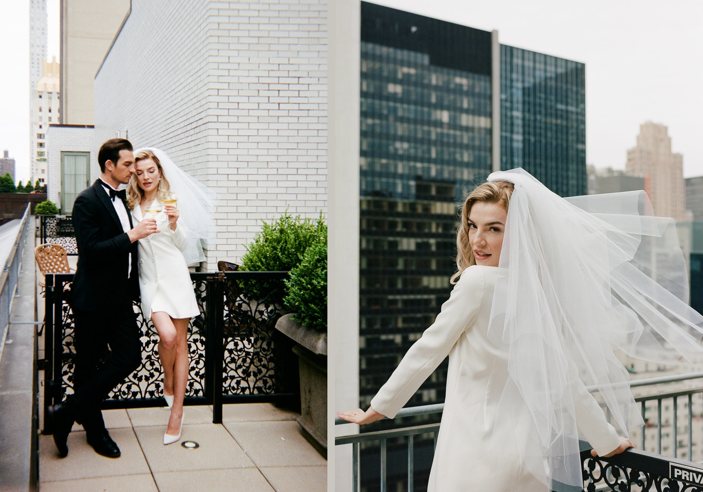 A bride and groom on a balcony of the Plaza Hotel overlooking the New York City skyline