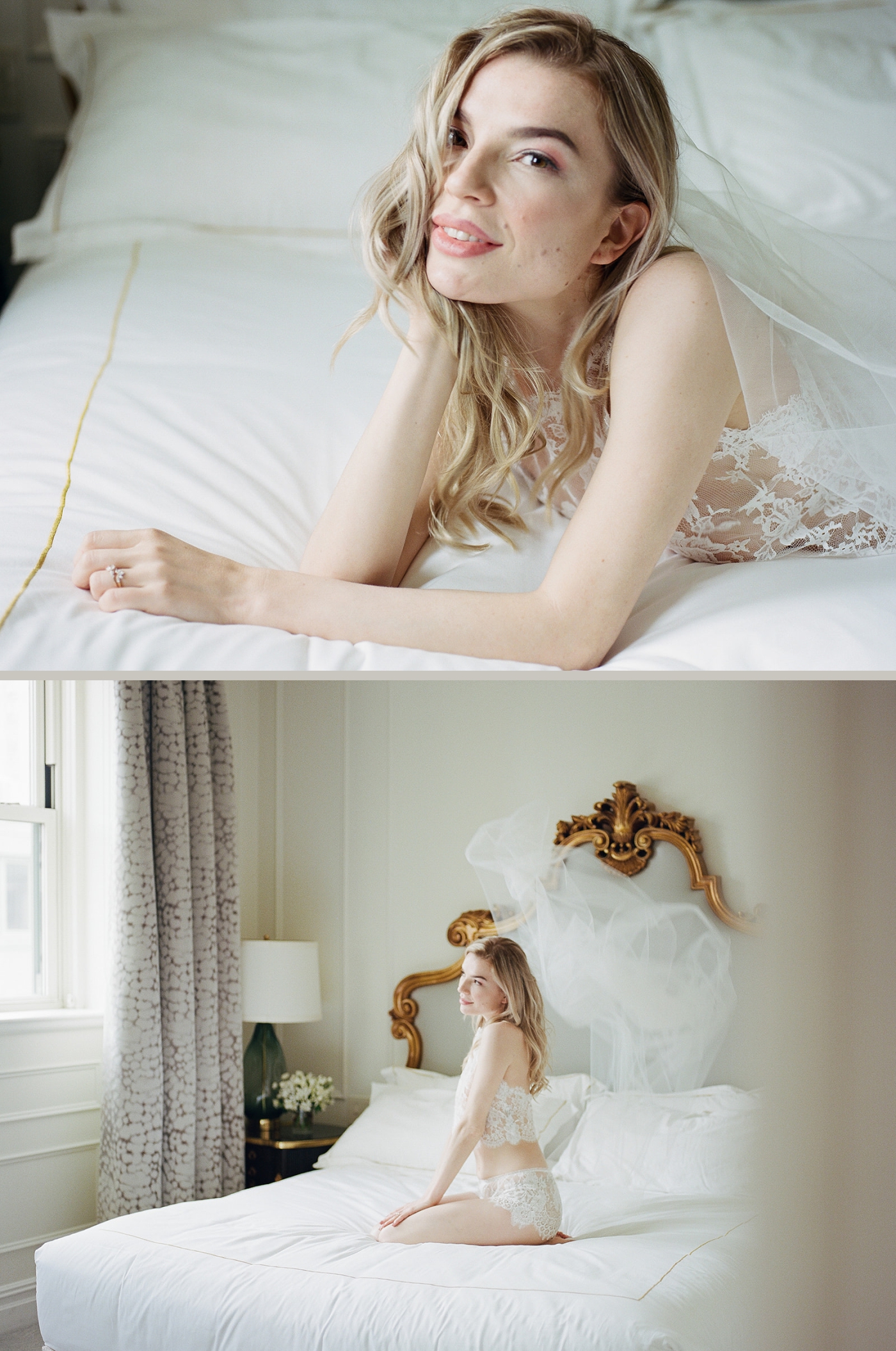 A bride in a high-neck lace lingerie lying on a bed in the Plaza Hotel