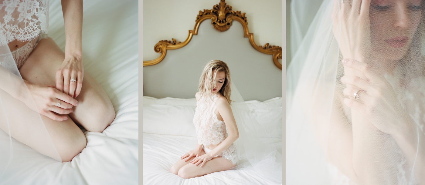 Details of a bride in a lace lingerie outfit in a suite at the Plaza Hotel