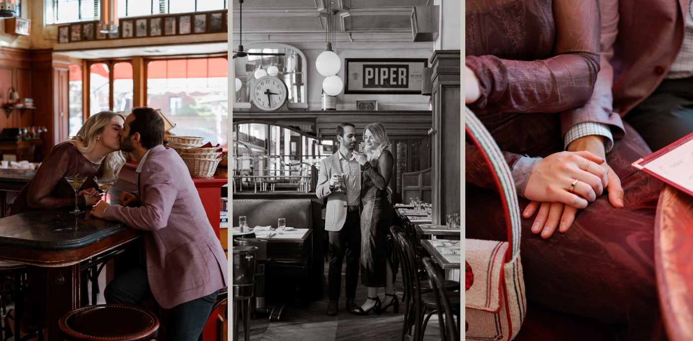 A blonde woman and a brunette man lean across the bar at Le Diplomate to kiss