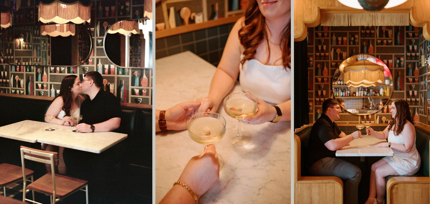 A woman in a white dress having a drink at a bar in DC with her fiance 