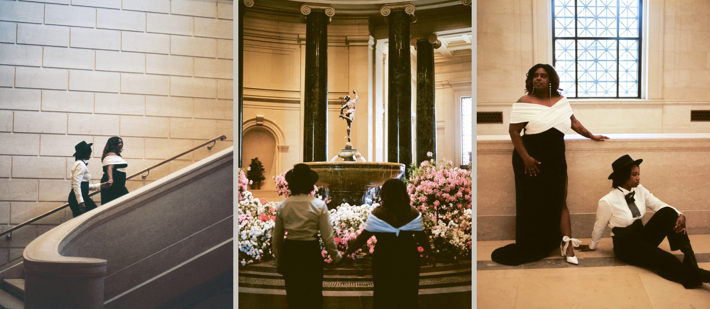 Two women take engagement photos at the National Museum of Art in Washington DC