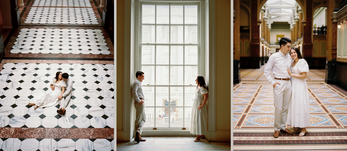 A man and woman sit on the tiled floor of the National Portrait Gallery in Washington DC
