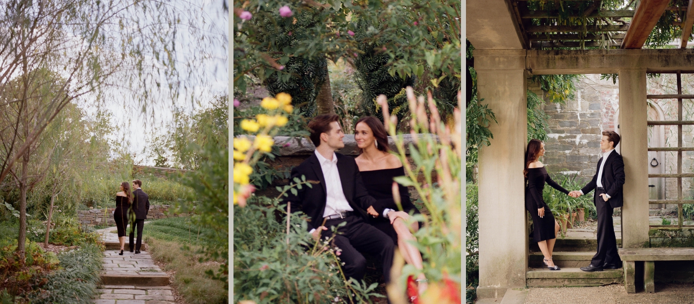 A man and woman take DC engagement photos at the Garden at Dumbarton Oaks