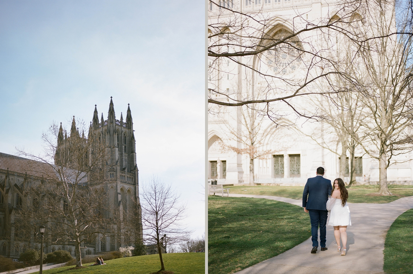 Couples engagement portraits outside the Washington National Monument 