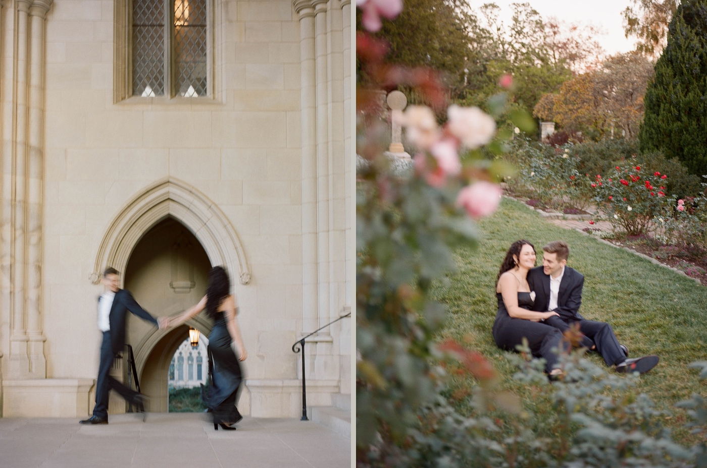 Couple's portraits in the grounds around the Washington National Cathedral 