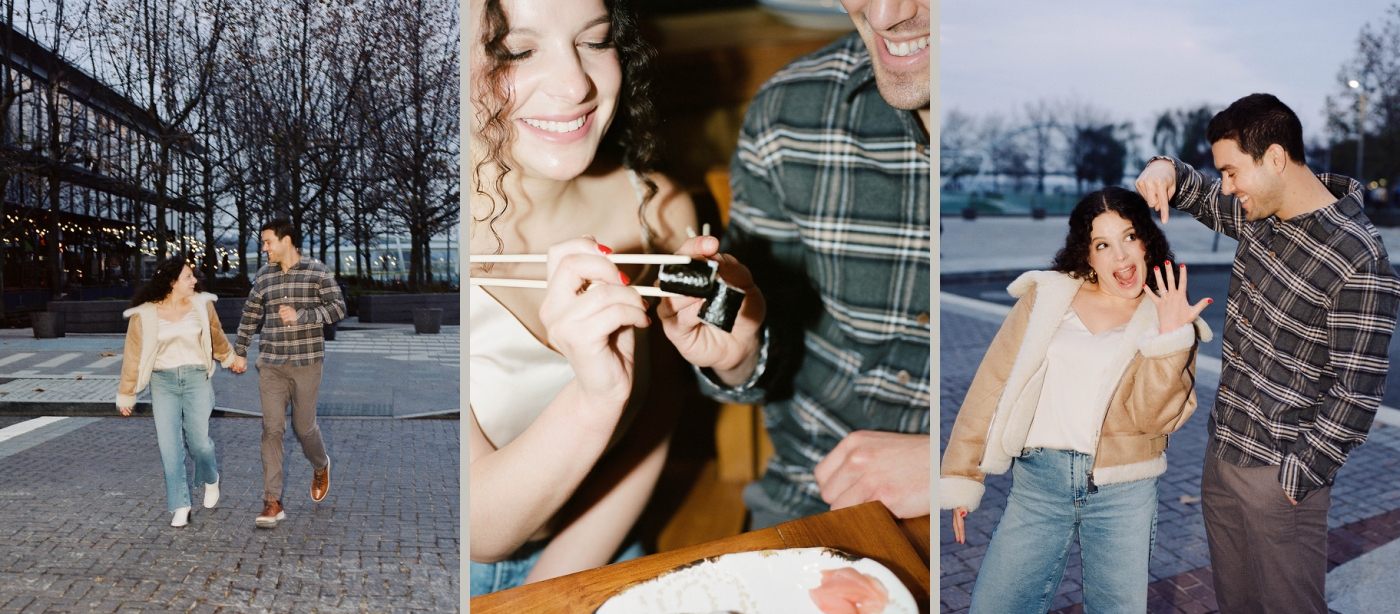 Casual portraits of an engaged couple eating sushi in Washington DC 