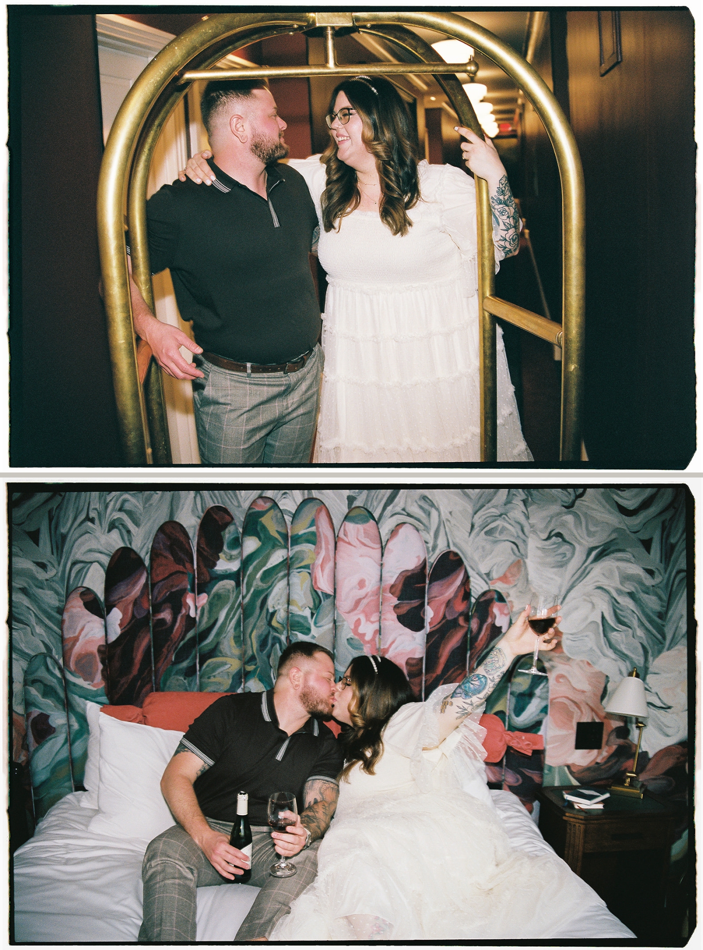 An engaged couple takes portraits in a colorful room in the Riggs Hotel