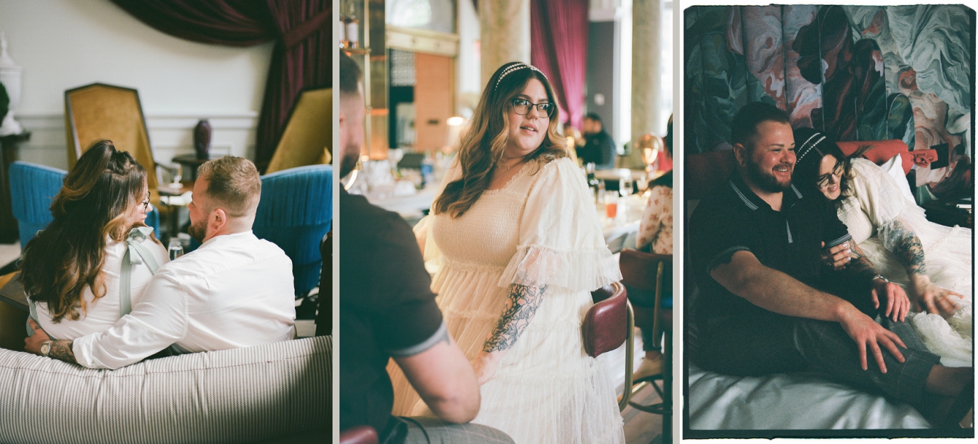 An engaged couple drink coffee in the cafe at the Riggs Hotel