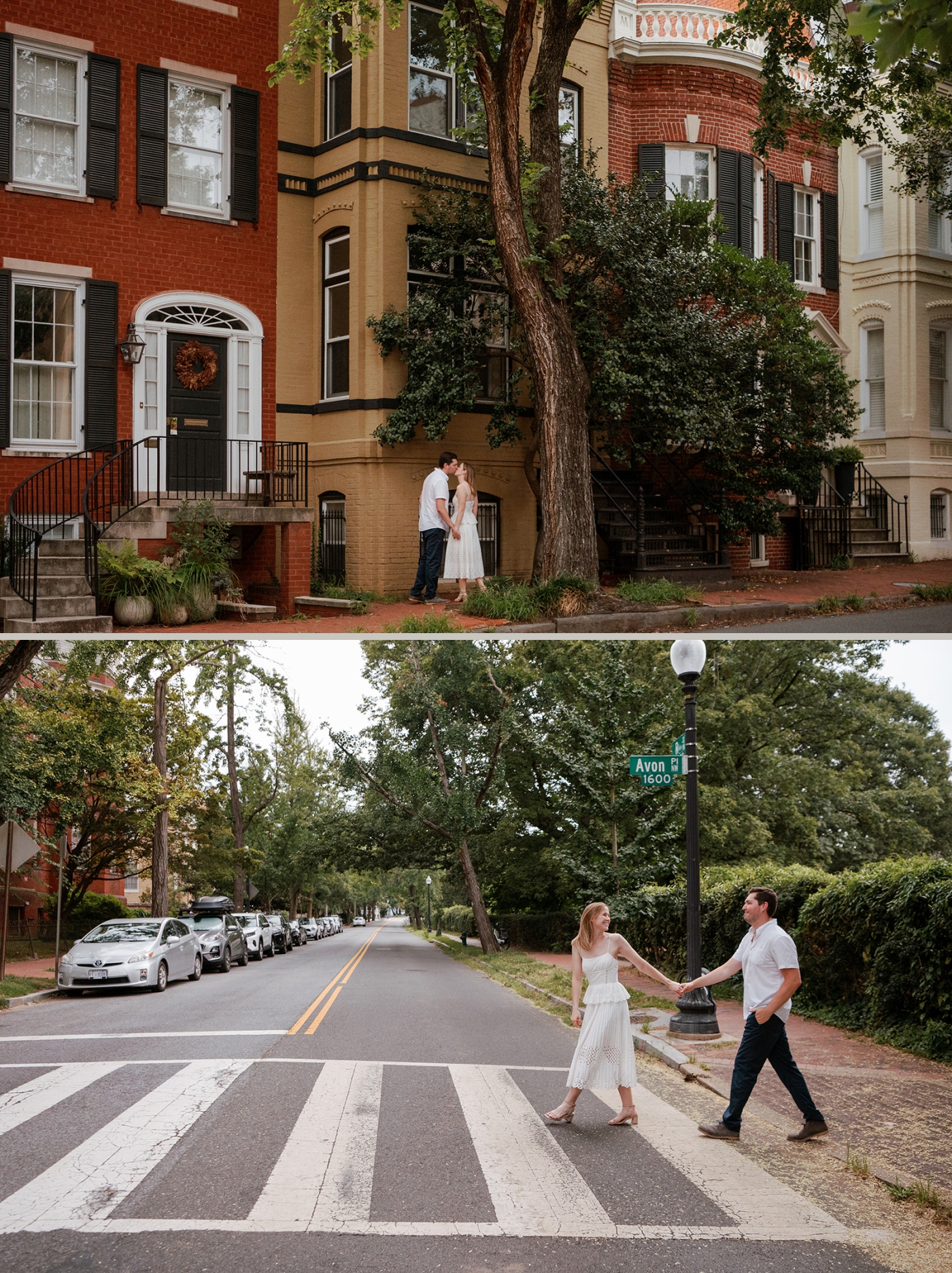 An engaged couple walks along Georgetown streets while photographed by a DC engagement photographer