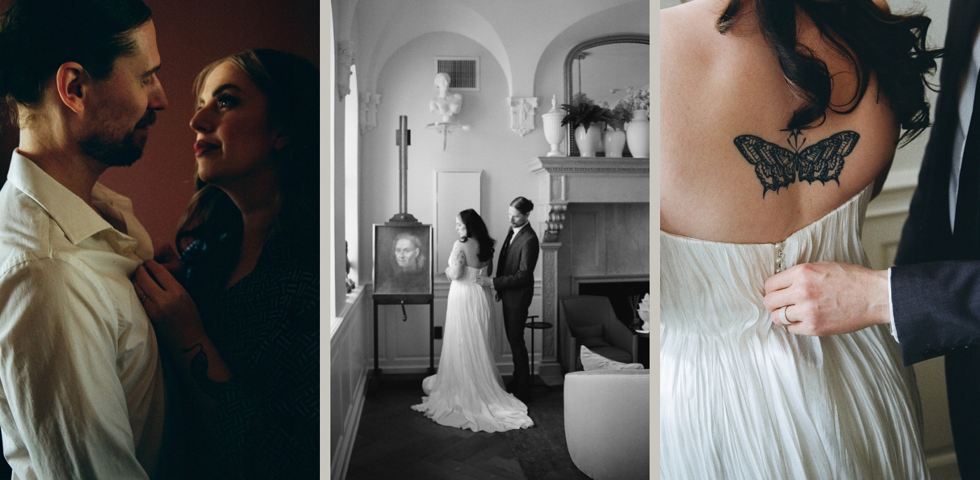A bride and groom getting dressed in their wedding clothes in a suite in the Riggs Hotel