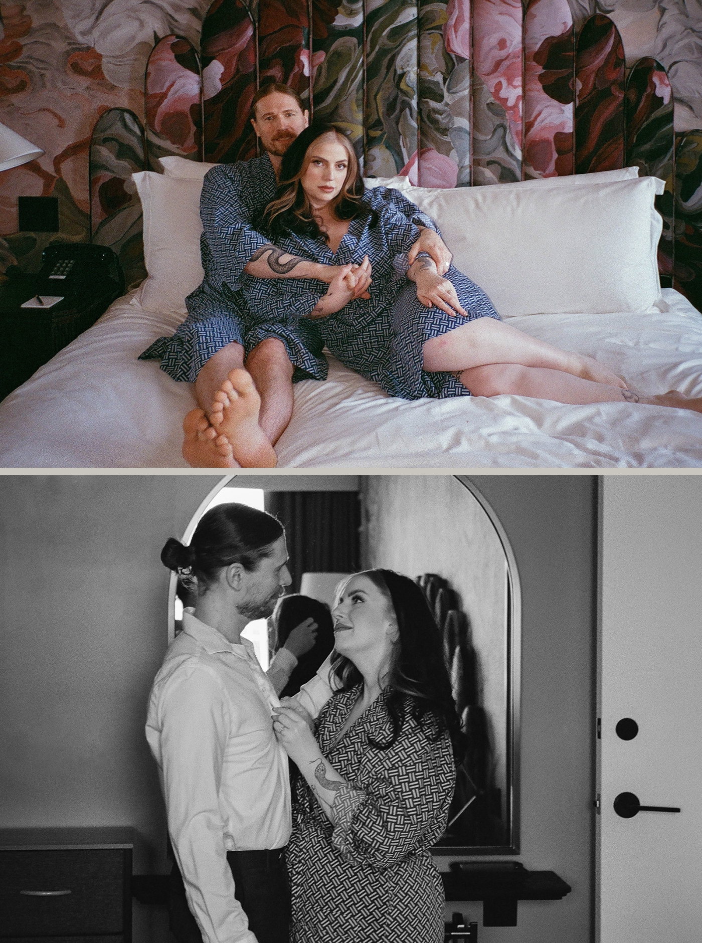 A bride and groom cuddling on the large bed in matching blue robes