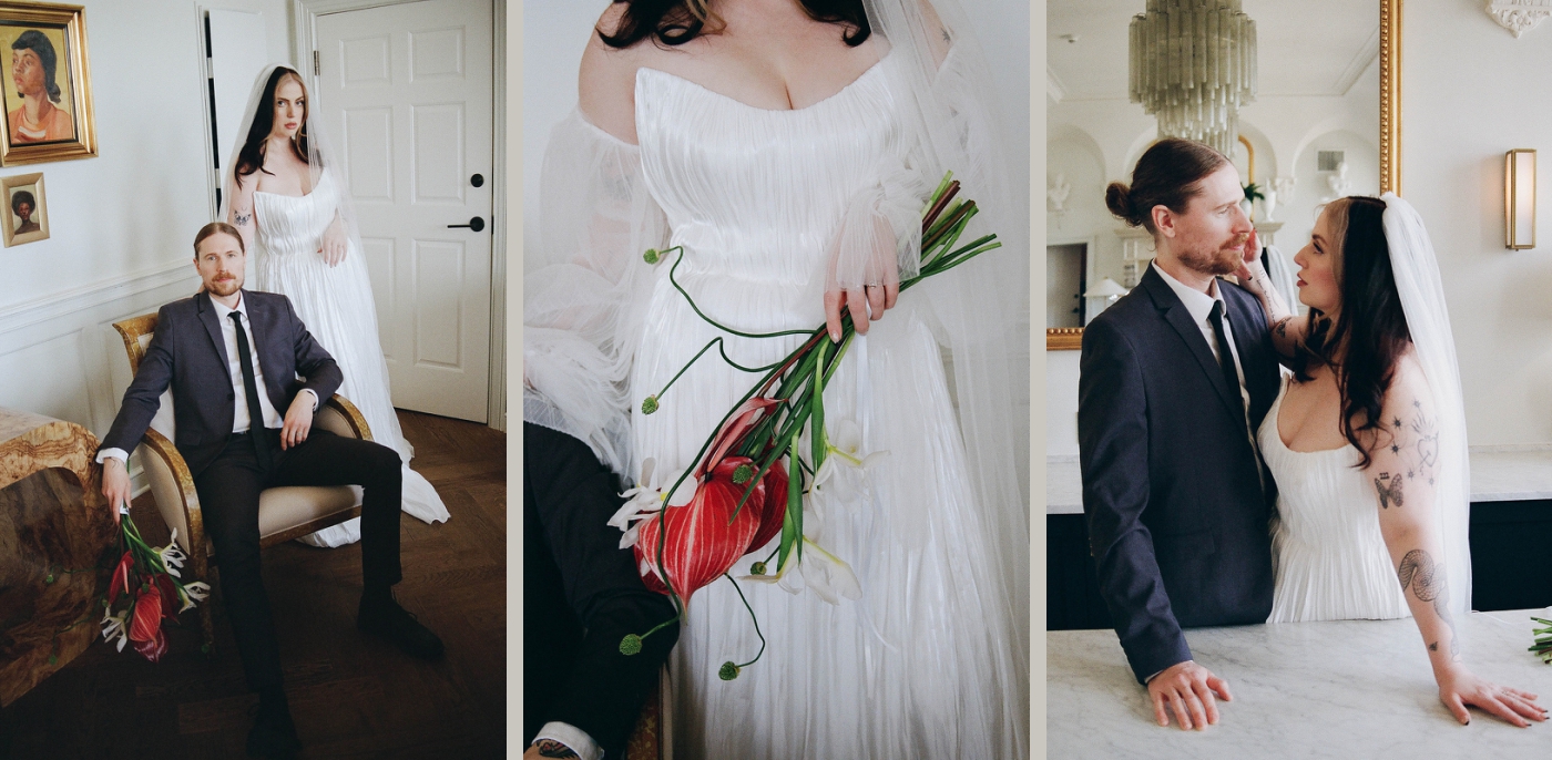 Bride and groom portraits in a luxury suite of the Riggs Hotel 