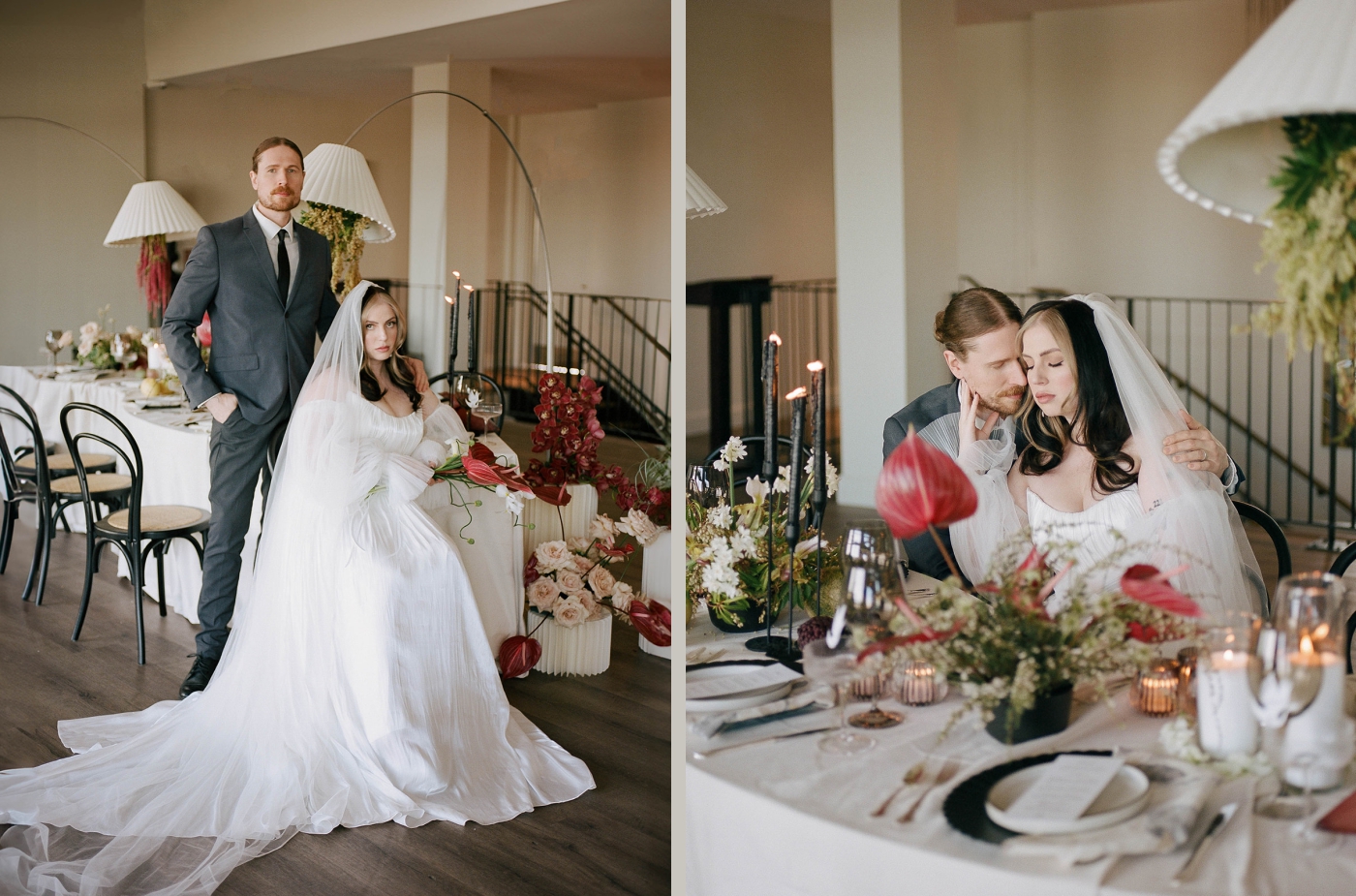 A bride and groom are seated at their wedding reception table