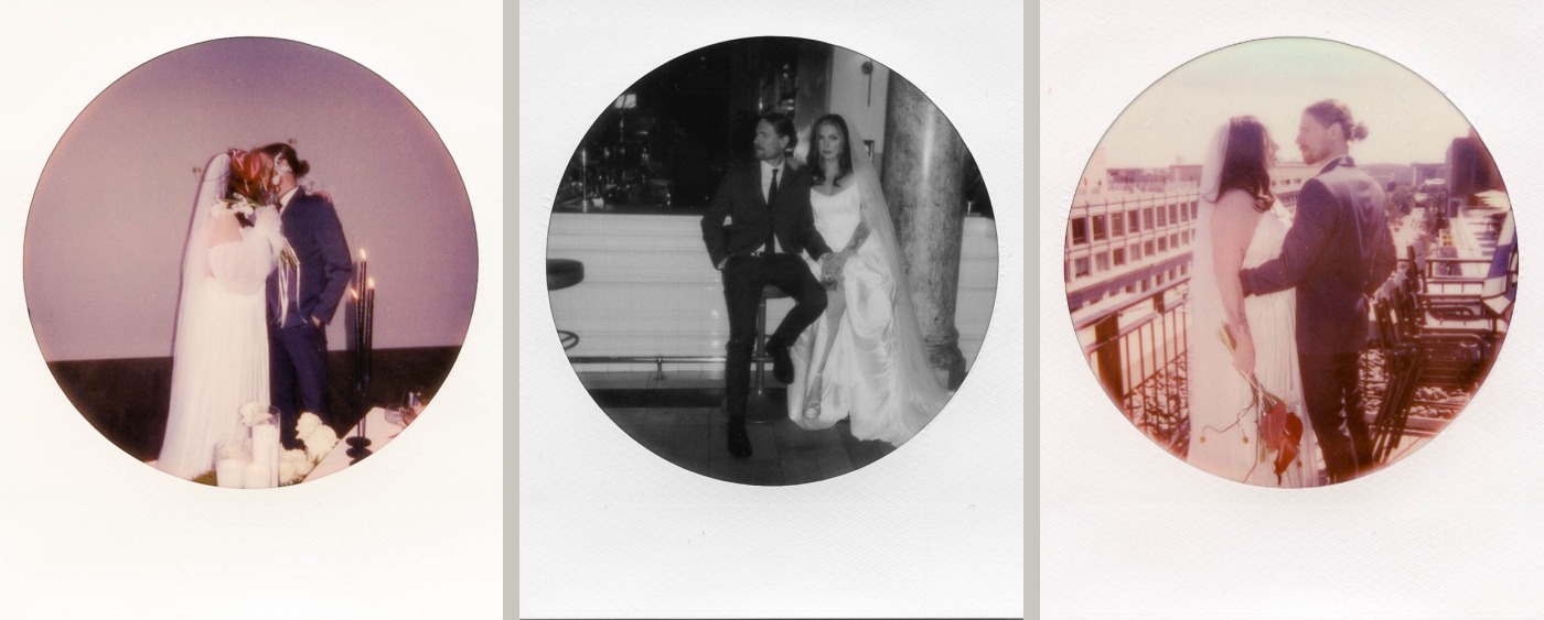 Polaroid scans of a bride and groom in different rooms of the Riggs Hotel