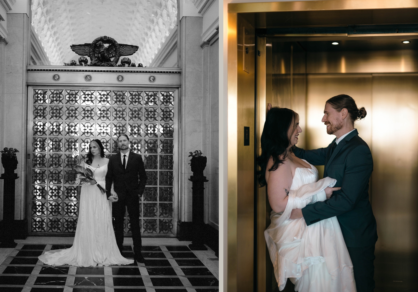 A man and woman embrace in an elevator
