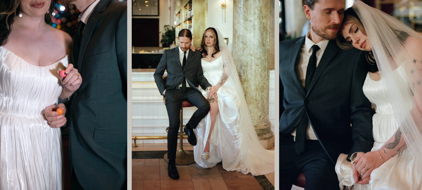 A man in a charcoal suit and a woman in a strapless wedding dress sit at the bar at the Riggs Hotel