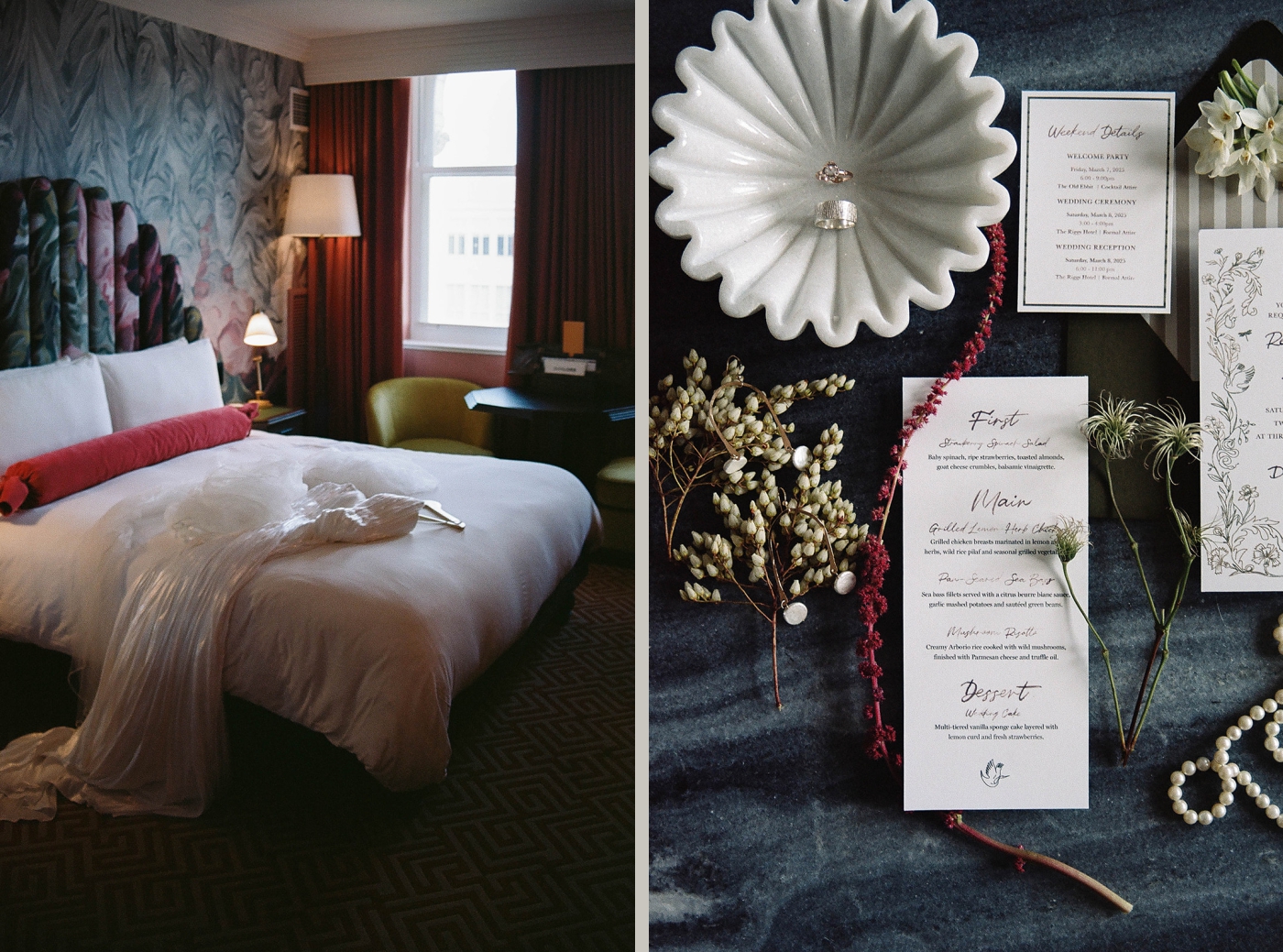 A wedding dress lying on a bed in a colorful suite at the Riggs Hotel