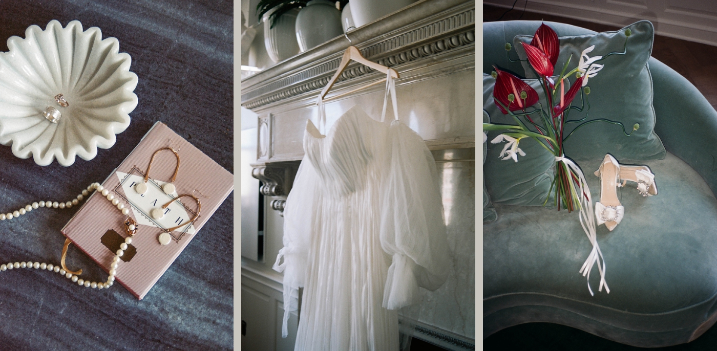 Film photos of a wedding dress, jewelry, and a wedding bouquet