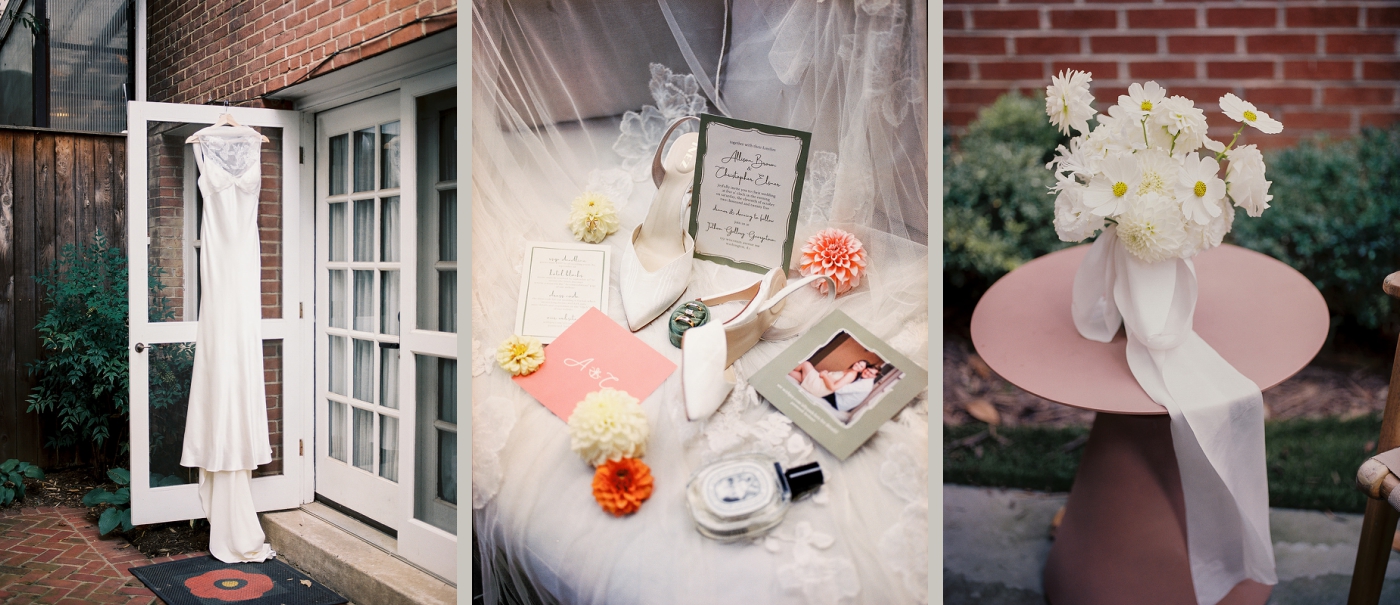 A flat lay of wedding invitations, bridal shoes, and colorful fall florals