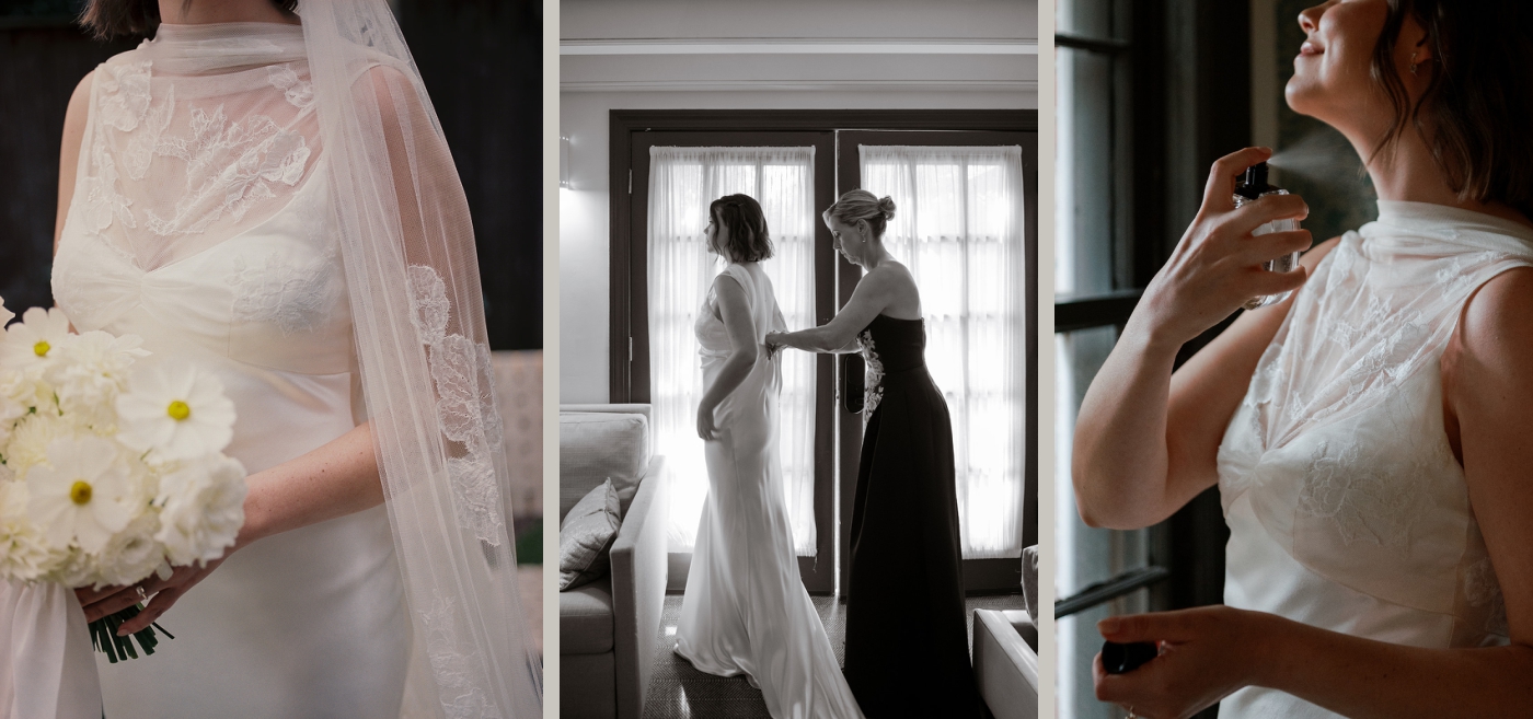 A bride in a silk and lace dress by Danielle Frankel sprays perfume