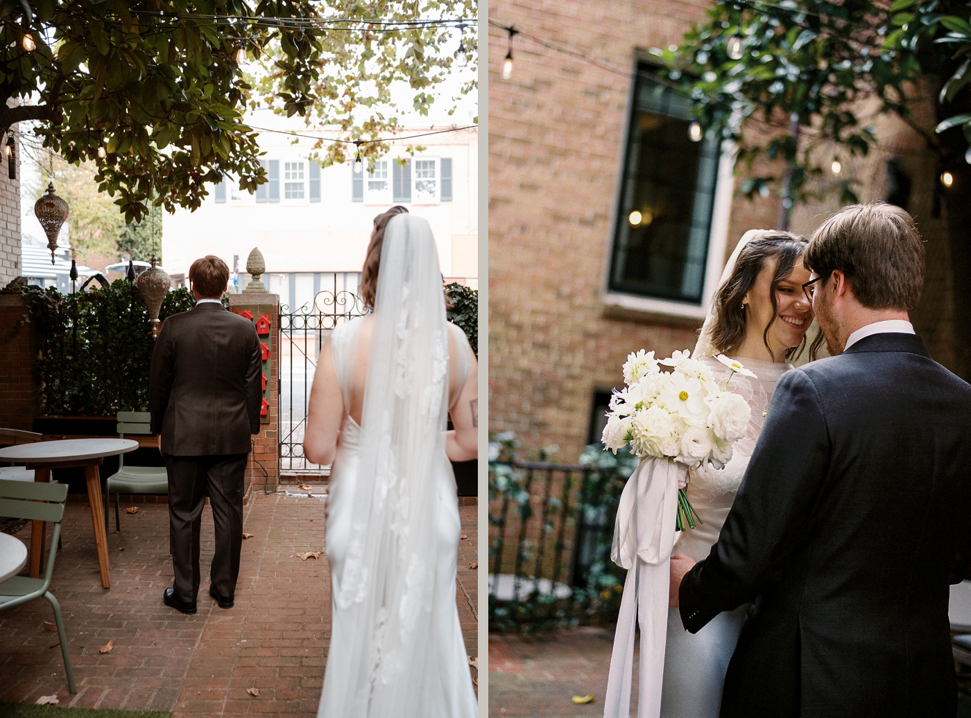 A first look between a bride and groom in the outdoor courtyard at the Fathom Gallery in Washington DC
