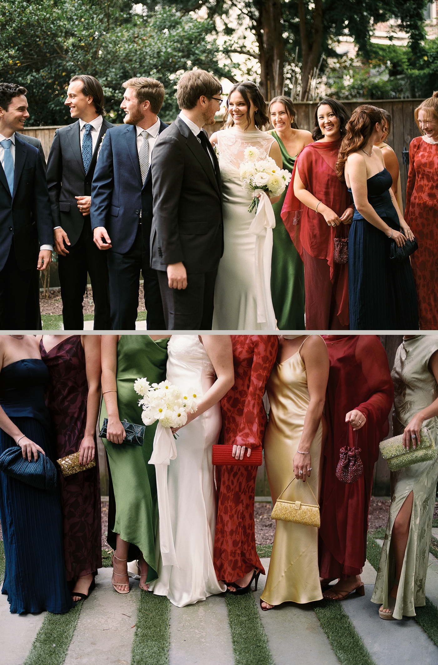 Bridesmaids carrying thrifted purses that match their dresses 