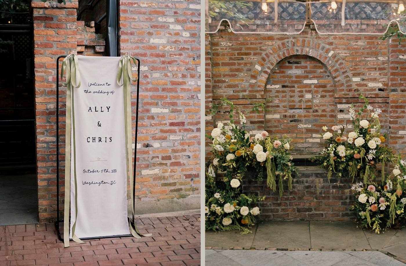 A large cloth sign greeting guests at a wedding at the Fathom Gallery in Washington DC 