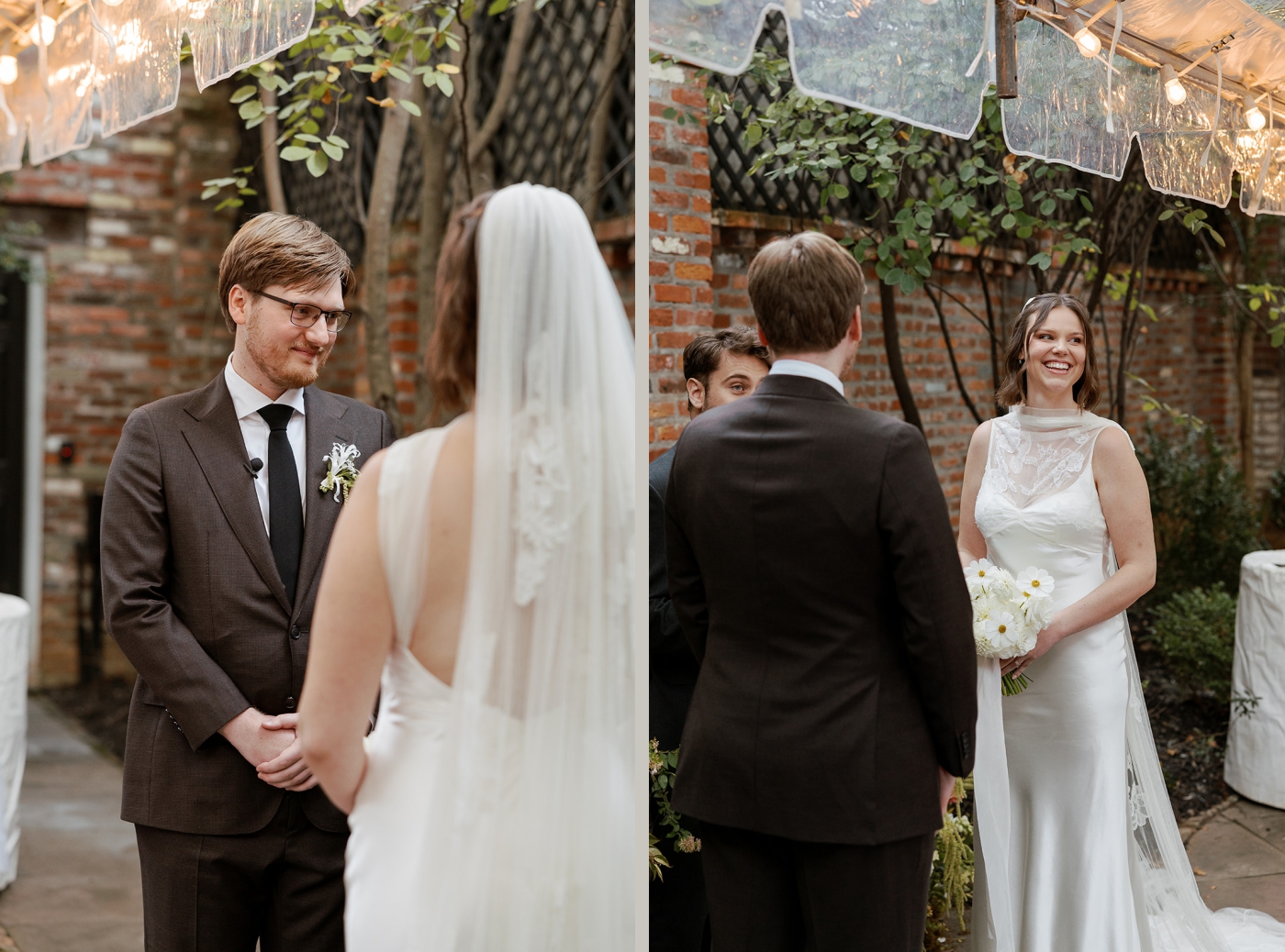 A bride and groom exchange vows during their wedding ceremony