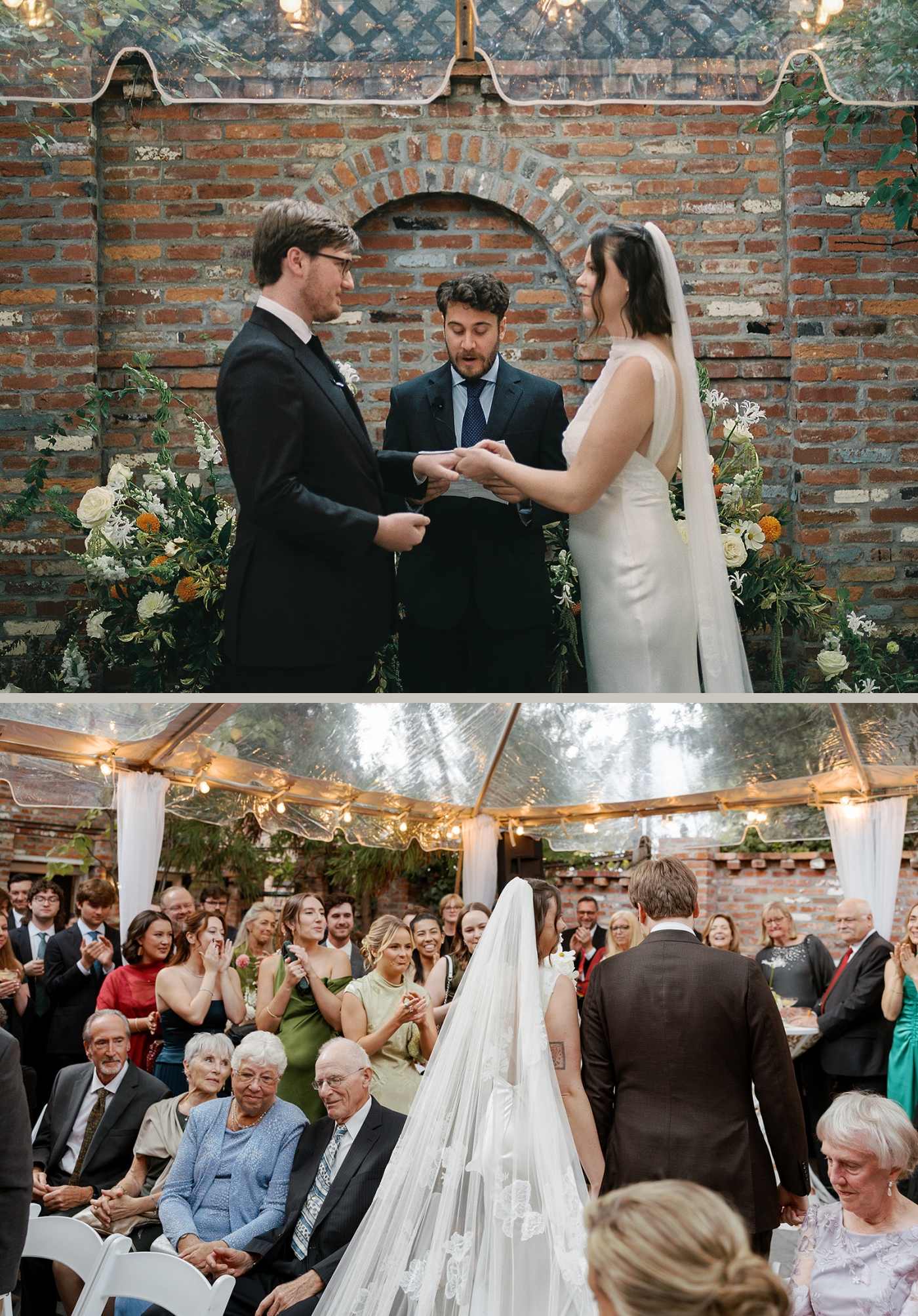 A bride and groom exchange rings during their wedding ceremony at the Fathom Gallery