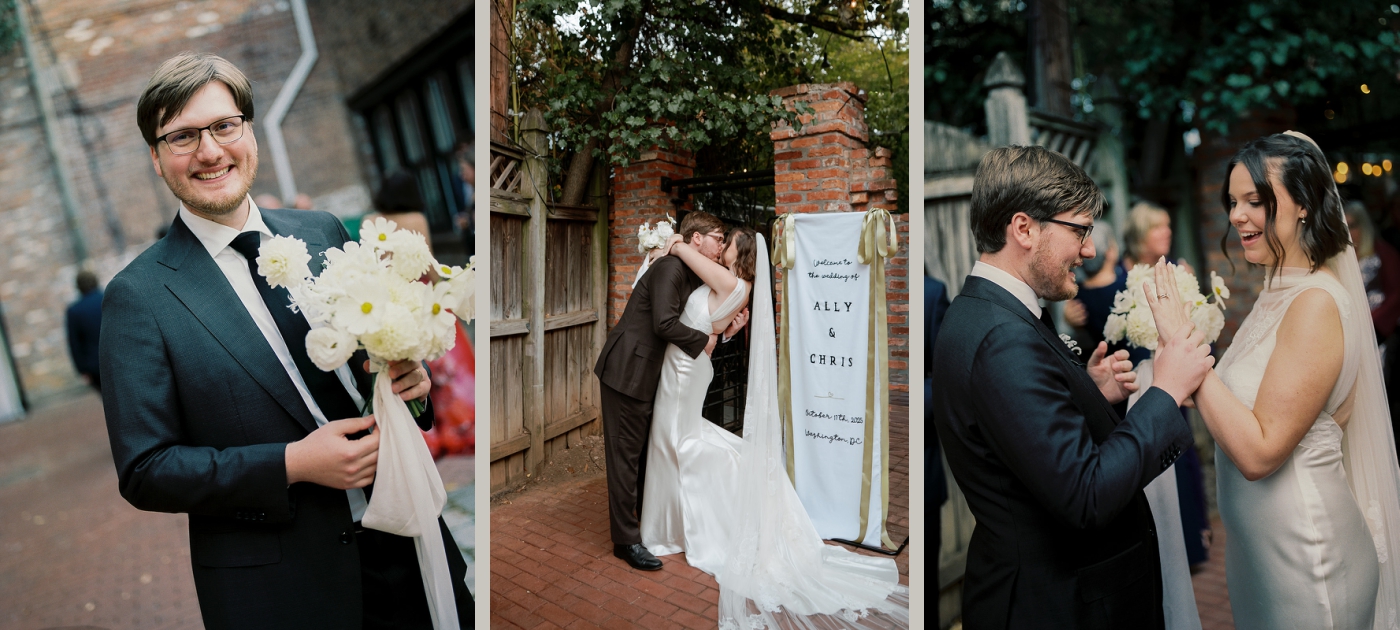 A bride and groom celebrating directly after their wedding ceremony