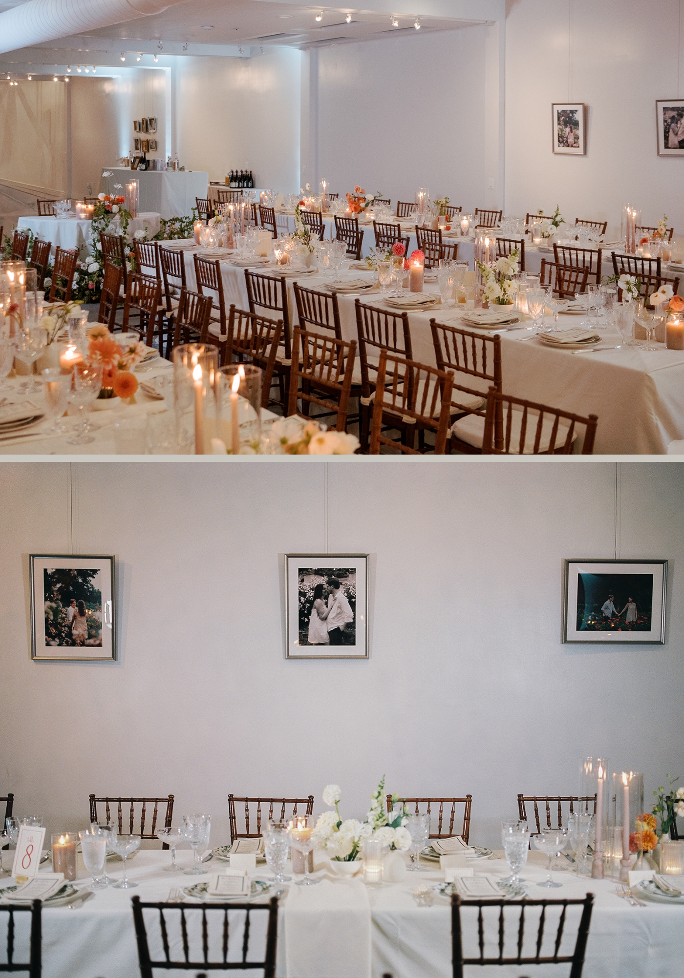 A wedding reception in the Fathom Gallery with long, family-style tables 