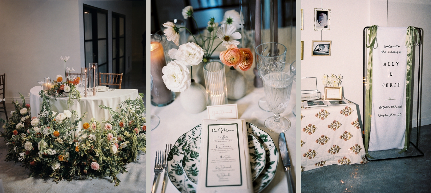 Wedding reception details, including fall-colored florals, patterned china, and photos