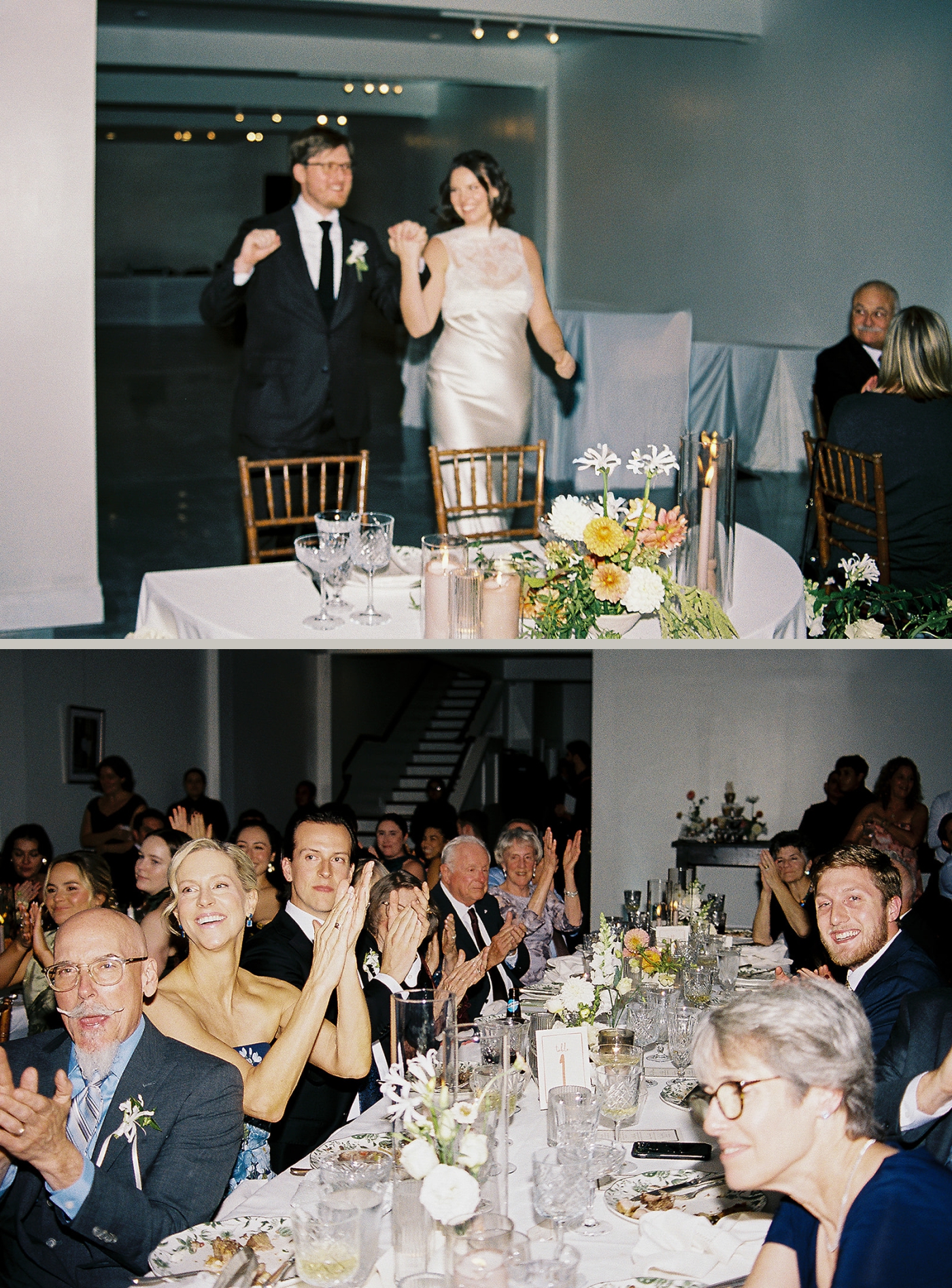 A bride and groom entering their wedding reception at the Fathom Galleryr