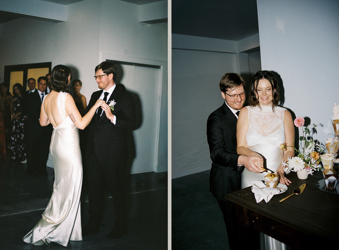 A bride and groom share their first dance at their wedding reception