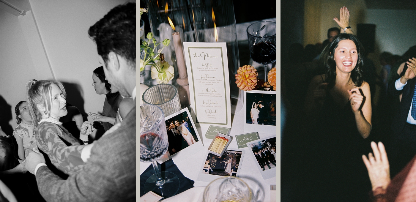 Film photos of guests dancing at a wedding reception