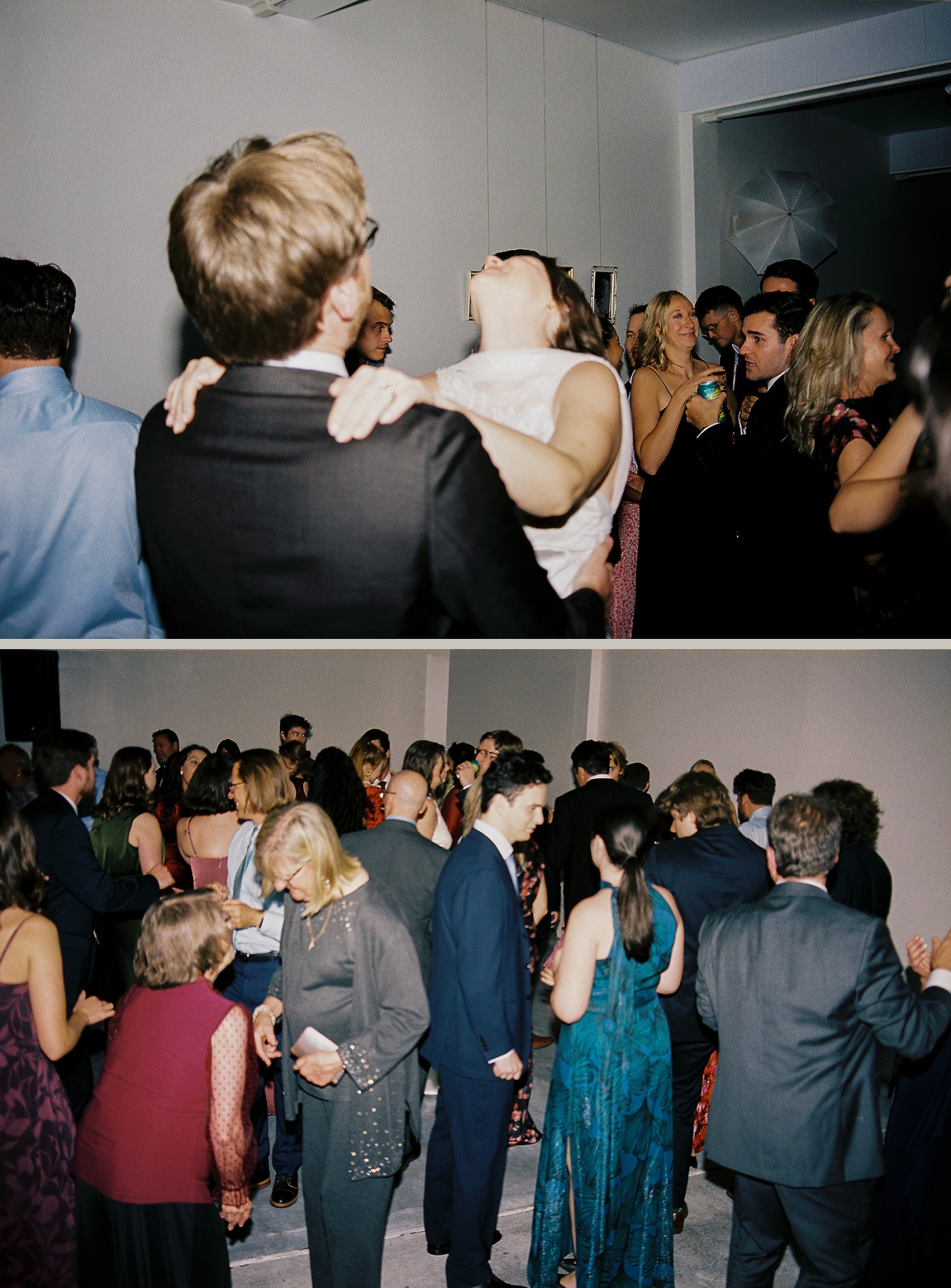 A bride and groom dancing, surrounded by their wedding guests