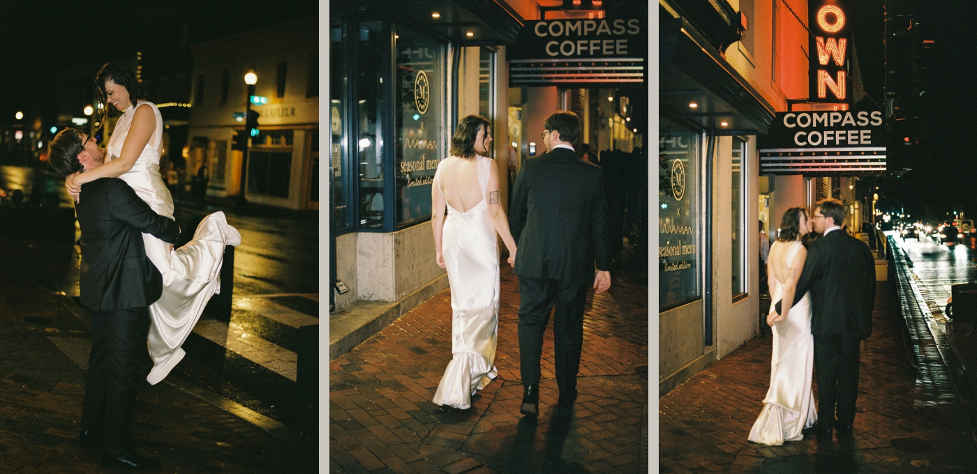 Night portaits of a bride and groom beneath a red neon sign that says "Georgetown"