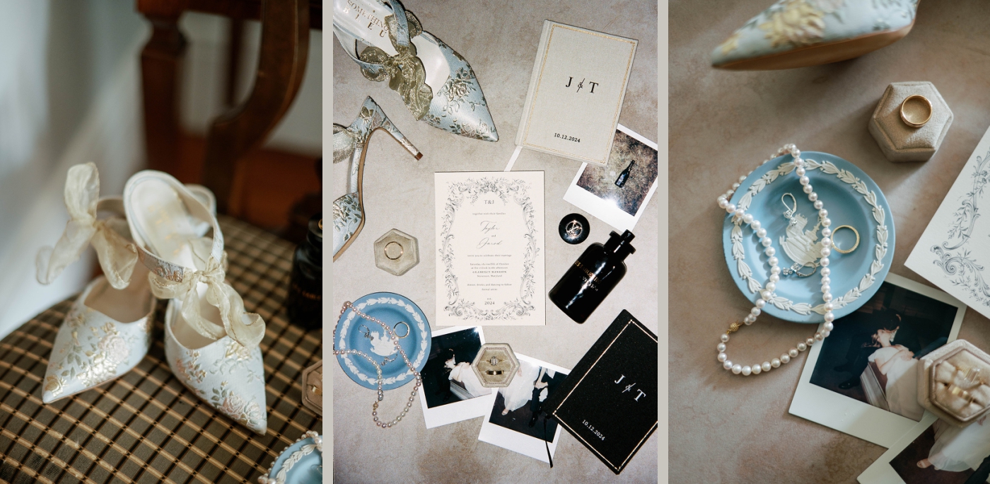 A flat lay of wedding invitations, jewelry, and shoes